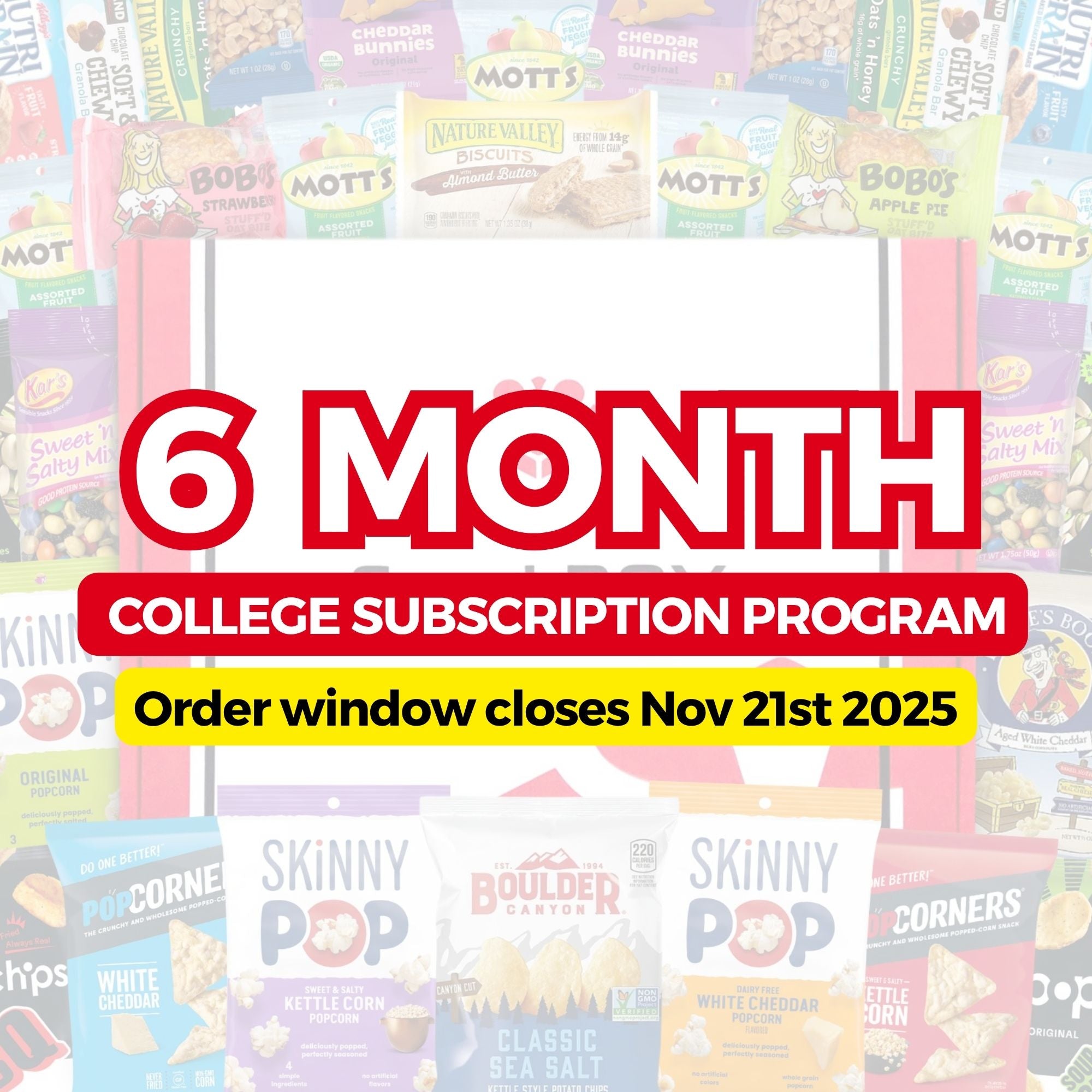 1_bd40be15-dd44-4076-acc8-02fd5426ec37.jpg PREPAID (2025/2026) College Student SnackBOX Care Package Subscription Program | 6 Pack BUNDLE | Nov - April - Image 1