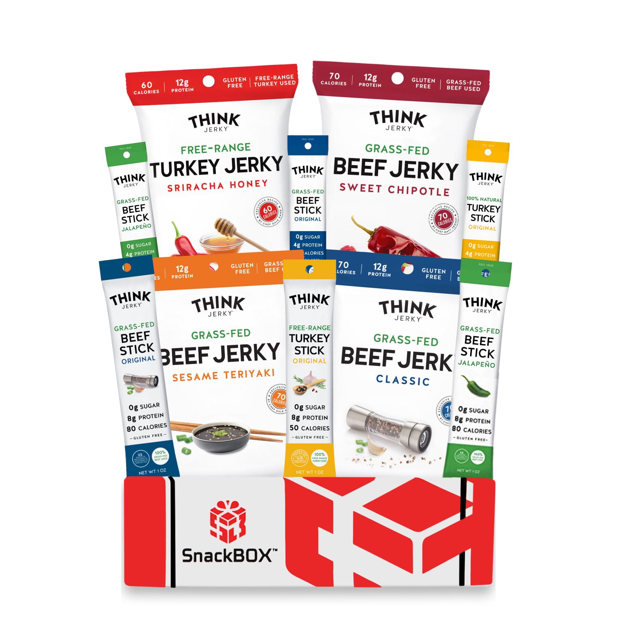 ThinkJerkyMain2023_1.jpg *NEW* Think Jerky Grass Fed Beef Free Range Turkey Jerky Care Package (10 Snacks) | By SnackBOX - Image 1